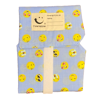 Sandwich wrapper in Emojis new fabric (blue background with various yellow emojis)