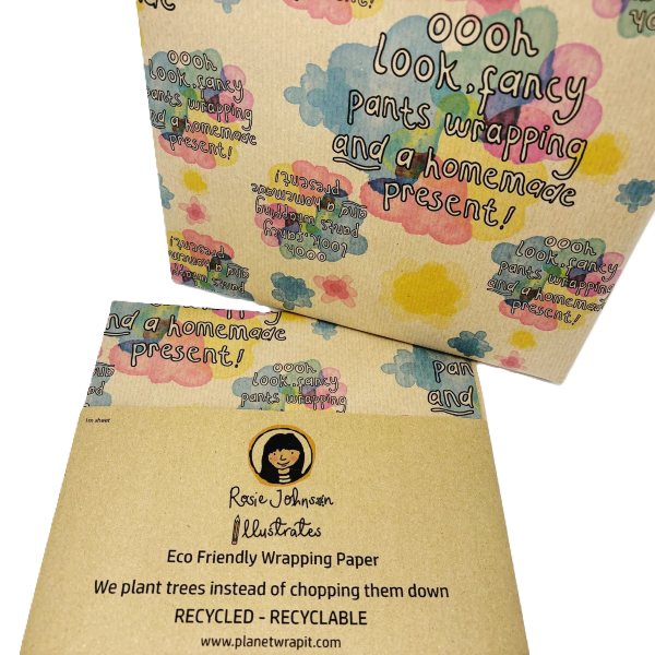 Handmade recycled wrapping paper in Handmade Fancy pants design (brown kraft paper with colourful paint spots and text reading "oooh look, fancy pants wrapping and a homemade present!"
