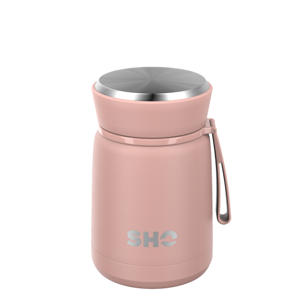SHO reusable food flask in dusty rose (a sandy pink colour)
