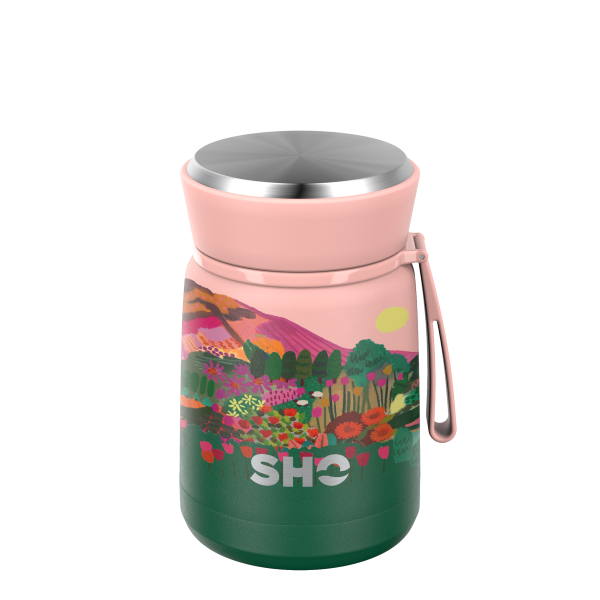 SHO reusable food flask in Mountains design (a pink background with colourful mountain scene)