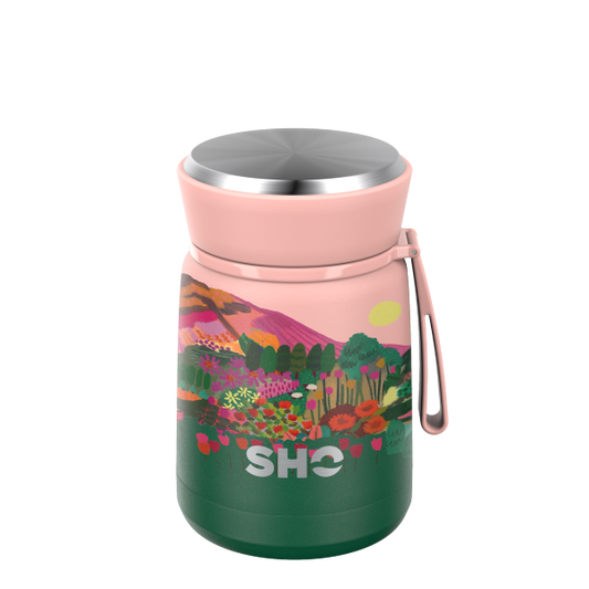 SHO reusable food flask in Mountains design (a pink background with colourful mountain scene)