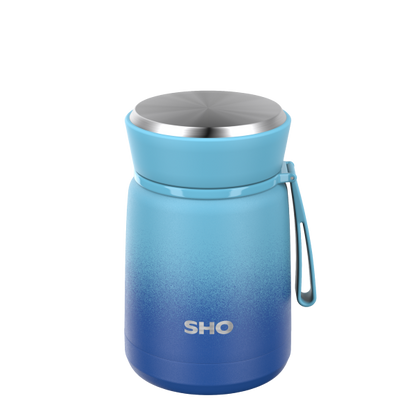 SHO reusable food flask in Deux bleu design (a dark blue graduating to a lighter blue)