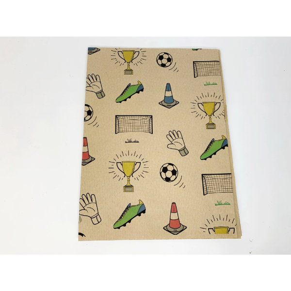 Brown kraft wrapping paper printed with football-themed illustrations including trophies, soccer balls, goals and a goalkeeper hand.