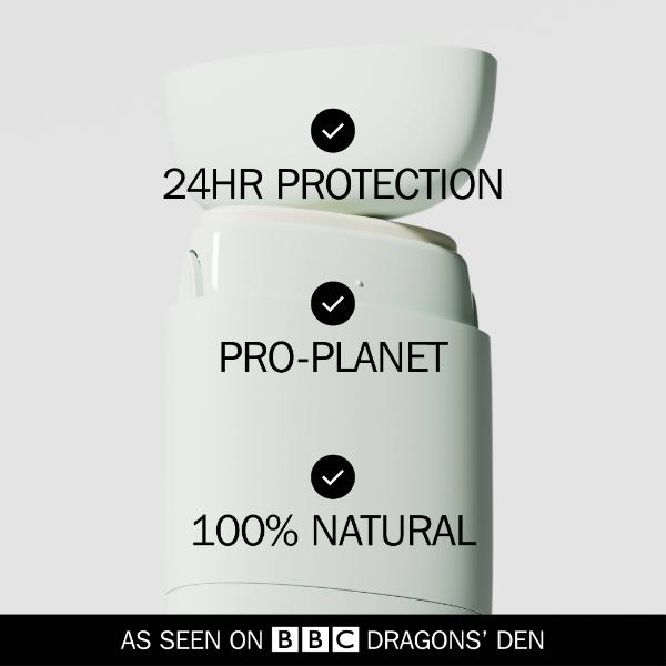 Fussy refillable deodorant with text reading '24HR PROTECTION', 'PRO-PLANET', and '100% NATURAL' on a light grey background, with subtext reading "As seen on BBC Dragons' Den"