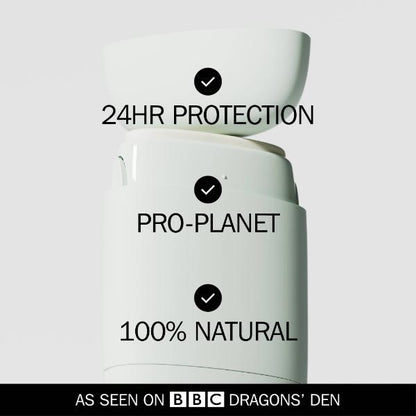 Fussy refillable deodorant with text reading '24HR PROTECTION', 'PRO-PLANET', and '100% NATURAL' on a light grey background, with subtext reading "As seen on BBC Dragons' Den"