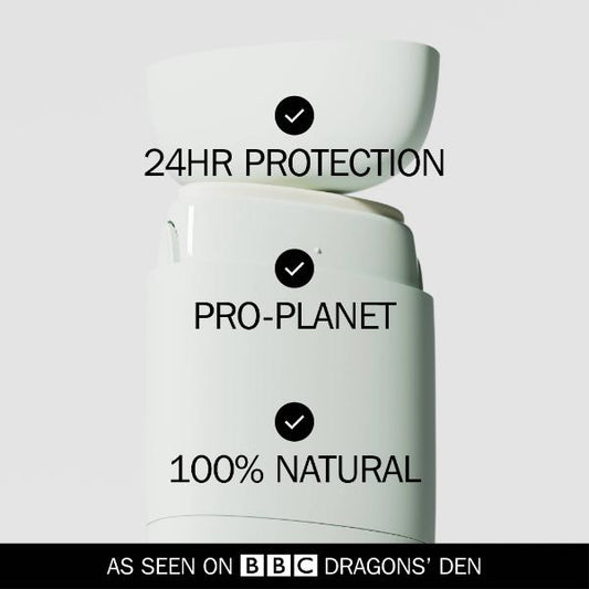 Fussy refillable deodorant with text reading '24HR PROTECTION', 'PRO-PLANET', and '100% NATURAL' on a light grey background, with subtext reading "As seen on BBC Dragons' Den"