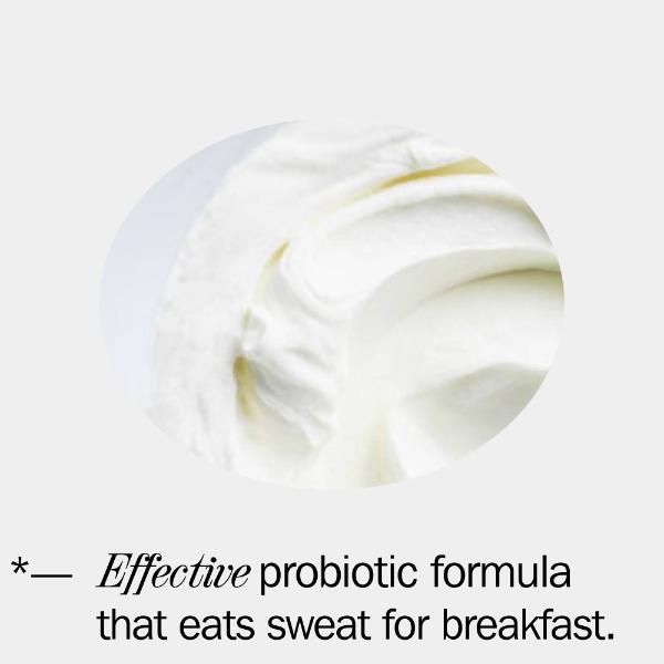 White Fussy deodorant on a light grey background, featuring text about an "effective probiotic formula that eats sweat for breakfast"