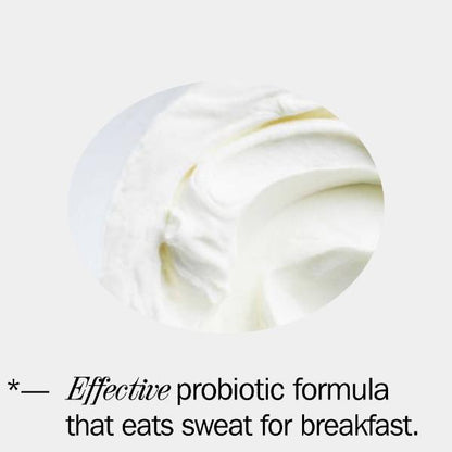 White Fussy deodorant on a light grey background, featuring text about an "effective probiotic formula that eats sweat for breakfast"