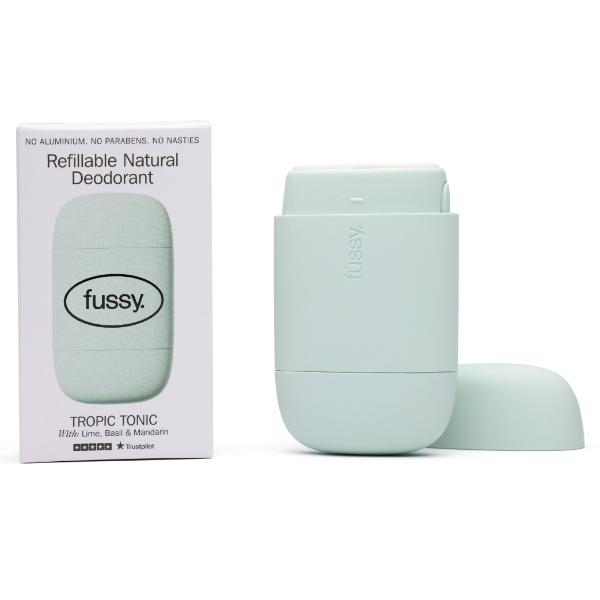 Fussy refillable natural deodorant with cardboard packaging on a white background