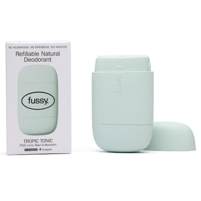Fussy refillable natural deodorant with cardboard packaging on a white background