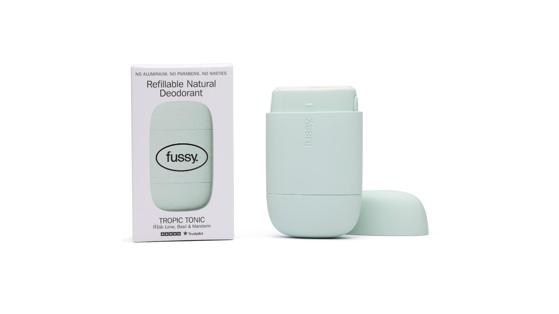 Fussy refillable natural deodorant with cardboard packaging on a white background