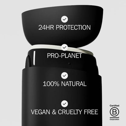 Fussy refillable deodorant with text reading '24HR PROTECTION', 'PRO-PLANET', '100% NATURAL' and 'Vegan and Cruelty-free' on a light grey background