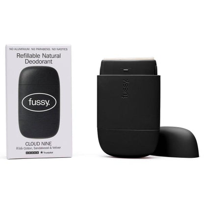 Fussy refillable deodorant with 'Fussy' branding next to its cardboard packaging on a white background