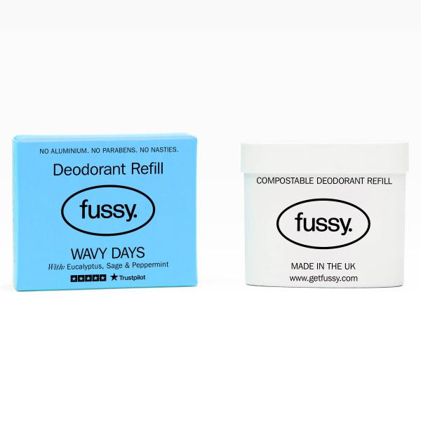 Fussy deodorant refill in blue cardboard packaging Wavy Days on a white background