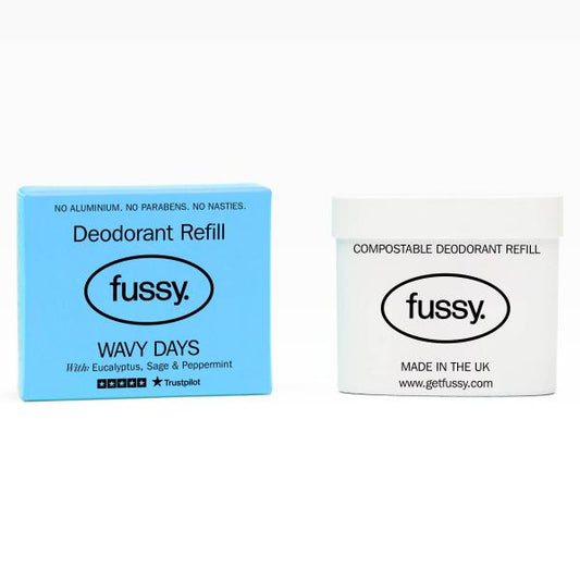 Fussy deodorant refill in blue cardboard packaging Wavy Days on a white background