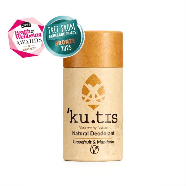 Kutis natural eco-friendly vegan deodorant Grapefruit and mandarin with awards logos (2024 Health and Wellbeing Awards bronze, Free From skincare awards 2025 bronze)