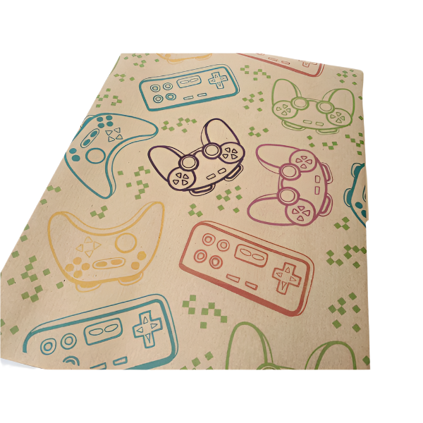 Eco-friendly recyclable wrapping paper in gamer design (brown paper with colourful gamer handsets) shown as single sheet