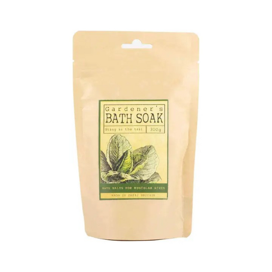 Gardener's bath soak in kraft paper packaging with text reading "Gardener's bath soak, bath salts for muscular aches, made in Great Britain"
