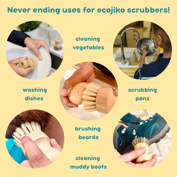 Collage of ecojiko geeky scrubbers in use with text on various cleaning tasks: cleaning vegetables, washing dishes, scrubbing pans, brushing beards, cleaning muddy boots