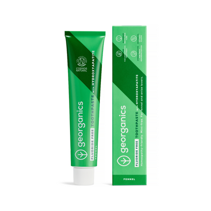Georganics fluoride-free toothpaste tube and packaging on a white background