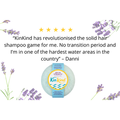 KinKind solid hair shampoo bar with lavender flowers and a five-star rating with text reading "KinKind has revolutionised the solid hair shampoo game for me. No transition period and I'm in one of the hardest water areas in the country" - Danni