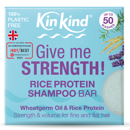 KinKind Give me STRENGTH! Shampoo bar for volumising hair with rice protein, shown in a cardboard packaging