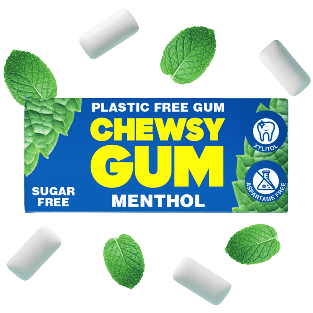 Chewsy plastic-free menthol chewing gum in a package, designed for cooking, with fresh menthol flavor and natural ingredients.