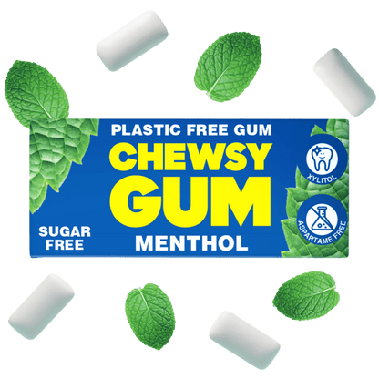 Chewsy plastic-free menthol chewing gum in a package, designed for cooking, with fresh menthol flavor and natural ingredients.