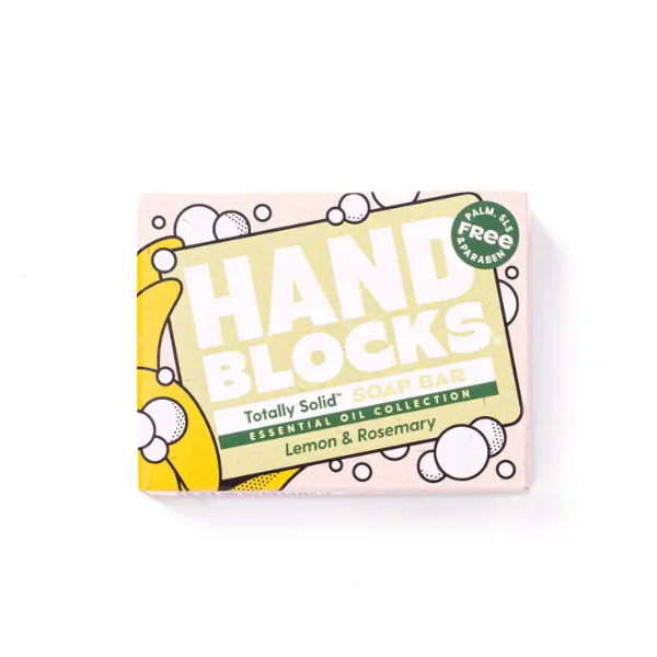 Hand Blocks soap bar in Lemon and rosemary shown in cardboard packaging box