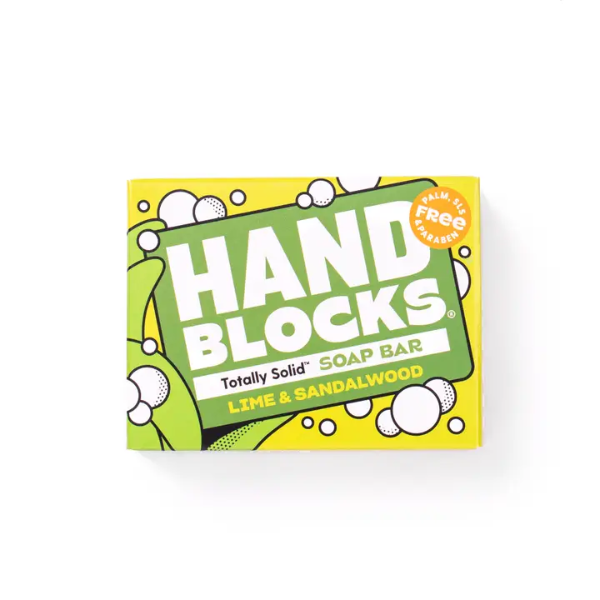 Hand Blocks soap bar in Lime and sandalwood shown in cardboard packaging box