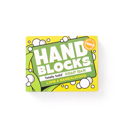 Hand Blocks soap bar in Lime and sandalwood shown in cardboard packaging box