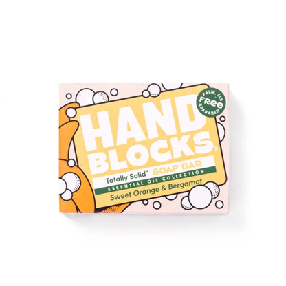 Hand Blocks soap bar in Sweet orange and bergamot shown in cardboard packaging box