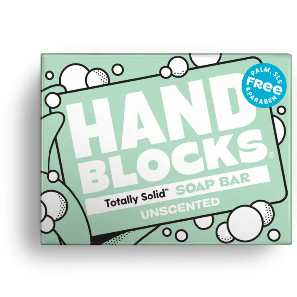 Hand Blocks soap bar in Unscented shown in cardboard packaging box