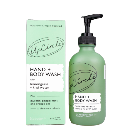 UpCircle hand and body wash with pump lid shown alongside cardboard packaging