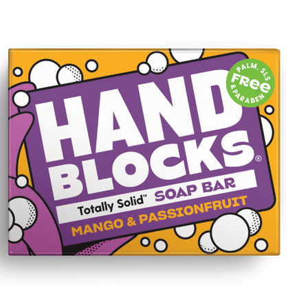 Hand Blocks soap bar in Mango and Passionfruit shown in cardboard packaging box