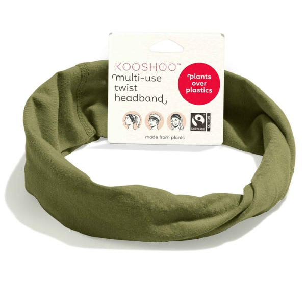 Organic multi-use cotton headband in Olive Branch with cardboard label