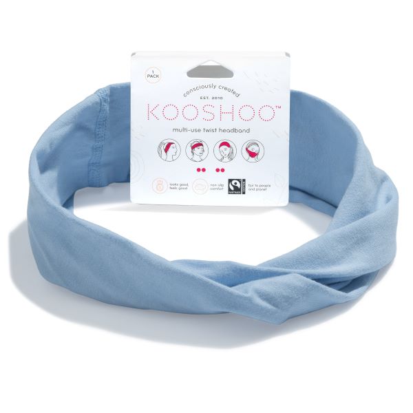 Organic multi-use cotton headband in Chambray blue with cardboard label