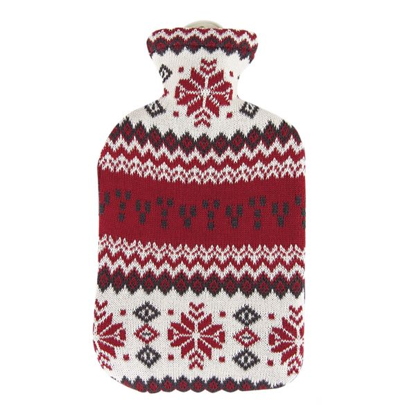 Hot water bottle in North Star design (knitted cover with mainly red, but also white and blue nordic-style pattern with snowflakes)