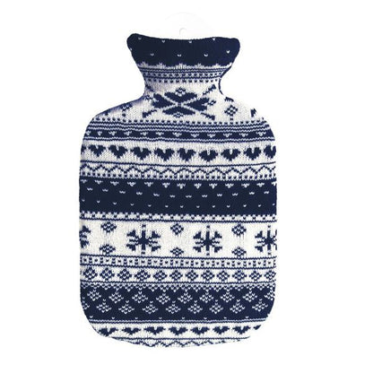 Hot water bottle in Norwegian design (knitted cover with mainly blue, but also white nordic-style pattern with snowflakes)