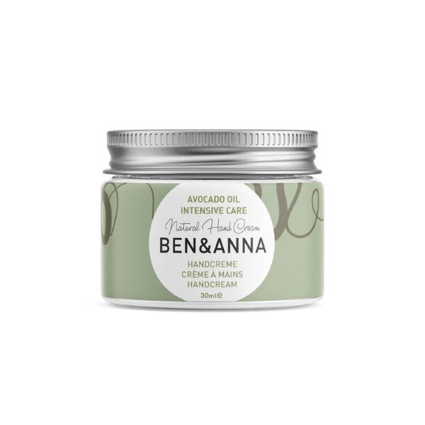 Ben and Anna's intensive hand care cream in a glass jar with metal lid.