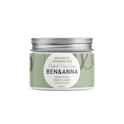 Ben and Anna's intensive hand care cream in a glass jar with metal lid.