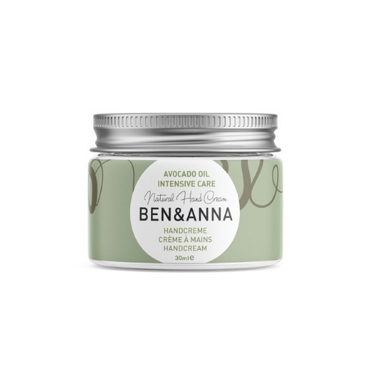 Ben and Anna's intensive hand care cream in a glass jar with metal lid.