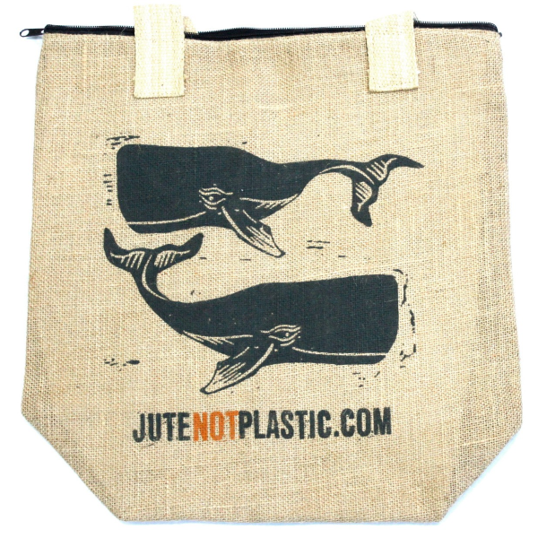 Jute bag with dark whale design and 'Jute Not Plastic' text