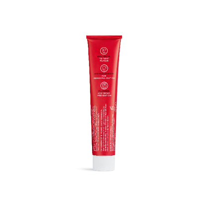 Kids hydroxyapatite toothpaste with fluoride in red aluminium tube shown from back