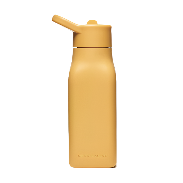 Kids reusable silicone bottle in Summer Sun colourway (a bright mustardy yellow) shown with straw lid on