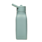 Kids reusable silicone bottle in Happy Camper colourway (an olive green) shown with straw lid on