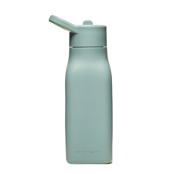 Kids reusable silicone bottle in Happy Camper colourway (an olive green) shown with straw lid on