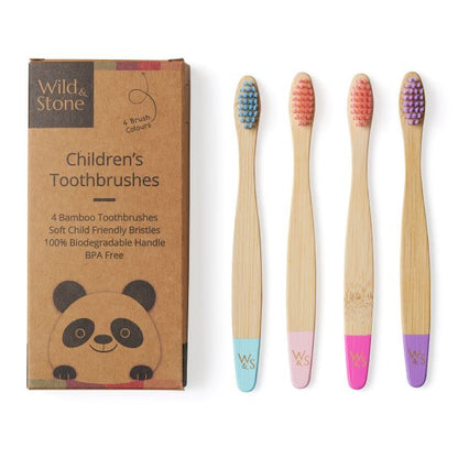 Kids bamboo toothbrush set, pack of 4 candy coloured, alongside cardboard box
