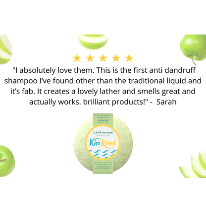 KinKind CLEAR my head! shampoo bar shown with review reading "I absolutely love them. This is the first anti-dandruff shampoo I've found other than the traditional liquid and it's fab. It creates a lovely lather and smells great and actually works. Brilliant products!" - Sarah"