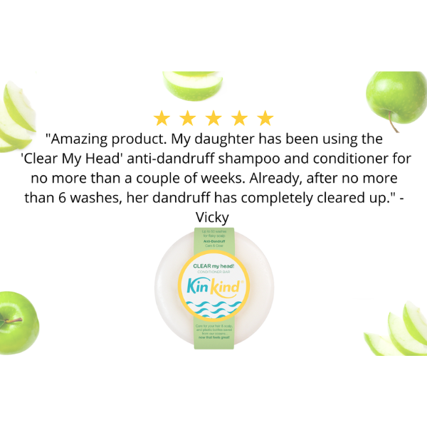 KinKind conditioner bar with green apples on a white background and customer review reading  "Amazing product. My daughter has been using the 'Clear my head' anti-dandruff shampoo and conditioner for no more than a couple of weeks. Already, after no more than 6 washes, her dandruff has completely cleared up." - Vicky